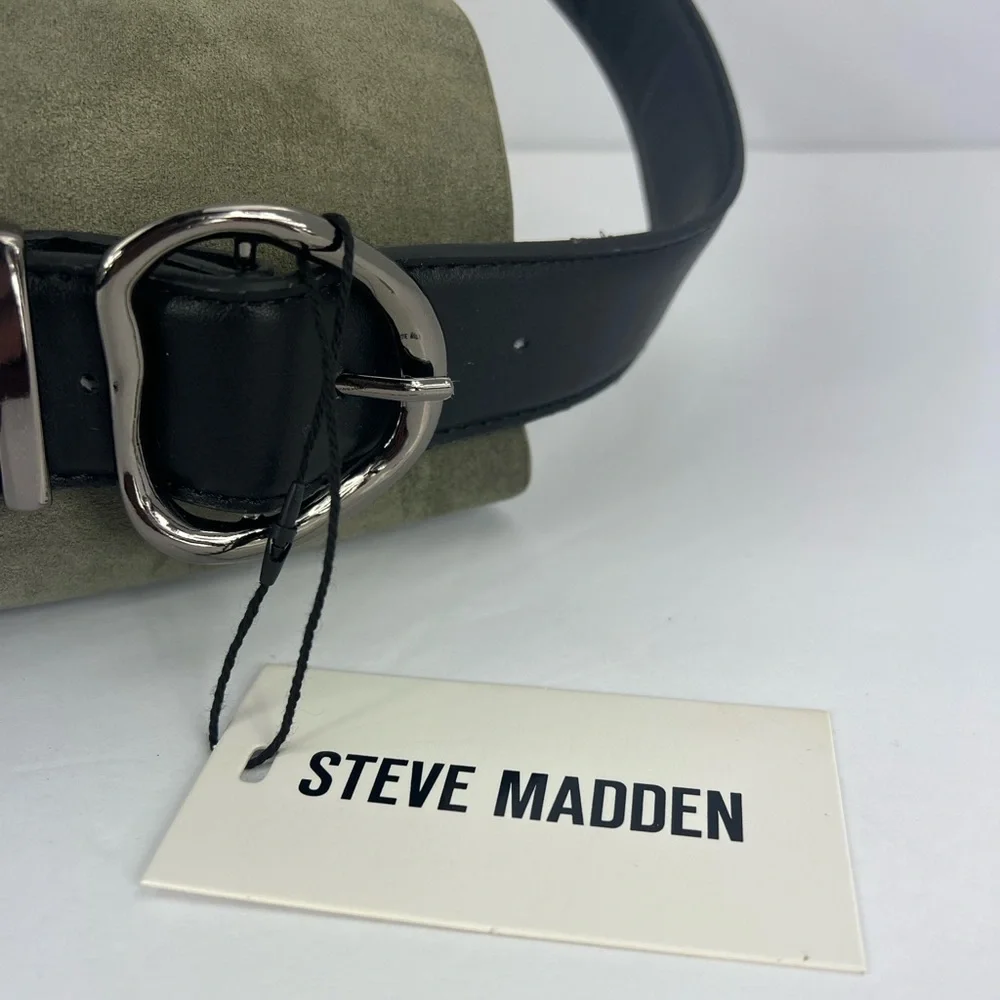 STEVE MADDEN FAUX SUEDE, BIMMY BUCKEY SHOULDER BAG, OLIVE COLOR BLACK STRAP
